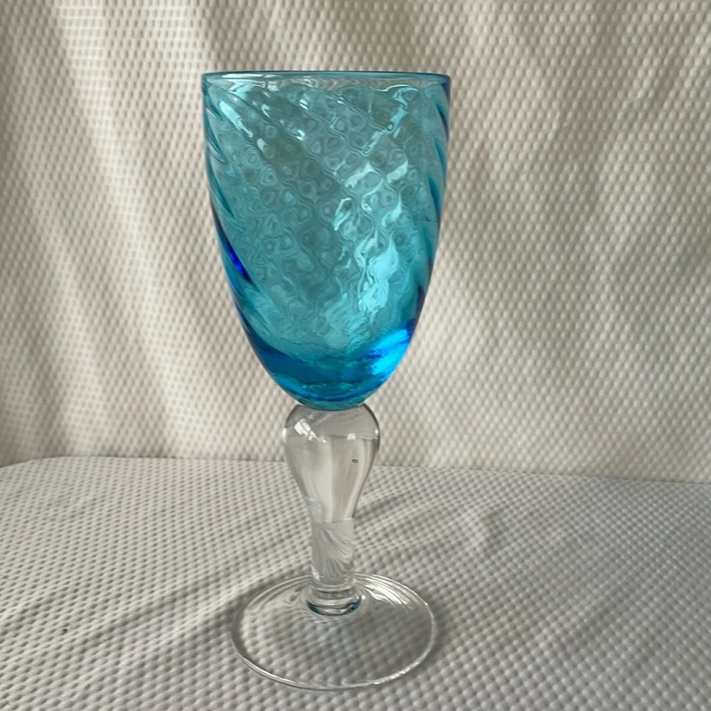 Hand Blown Aqua Blue 14 oz Wine Glass in an optic swirl pattern and clear stem - Picture 1 of 6
